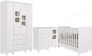 Quarto de Bebê Completo Berço Americano Ben 3 Em 1 Guarda Roupa 4 Portas 3 Gavetas e Cômoda Uli 4 Gavetas 1 Porta Móveis Peroba Branco Brilho